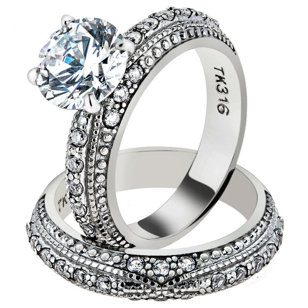 ST1228-ARM4587 His & Her Stainless Steel 3.25 Ct Cz Bridal Ring Set & Men Zirconia Wedding Band