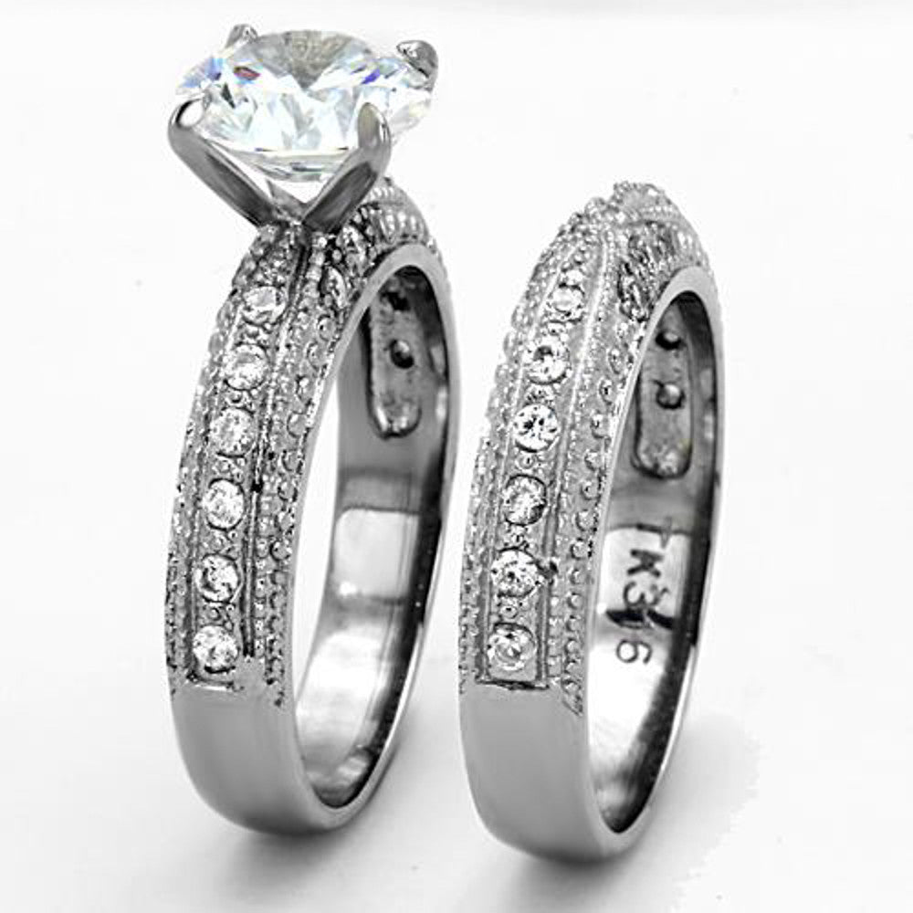 Stainless Steel 3.25 Ct Round Cut CZ Vintage Wedding Ring Set Women's Size 5-10