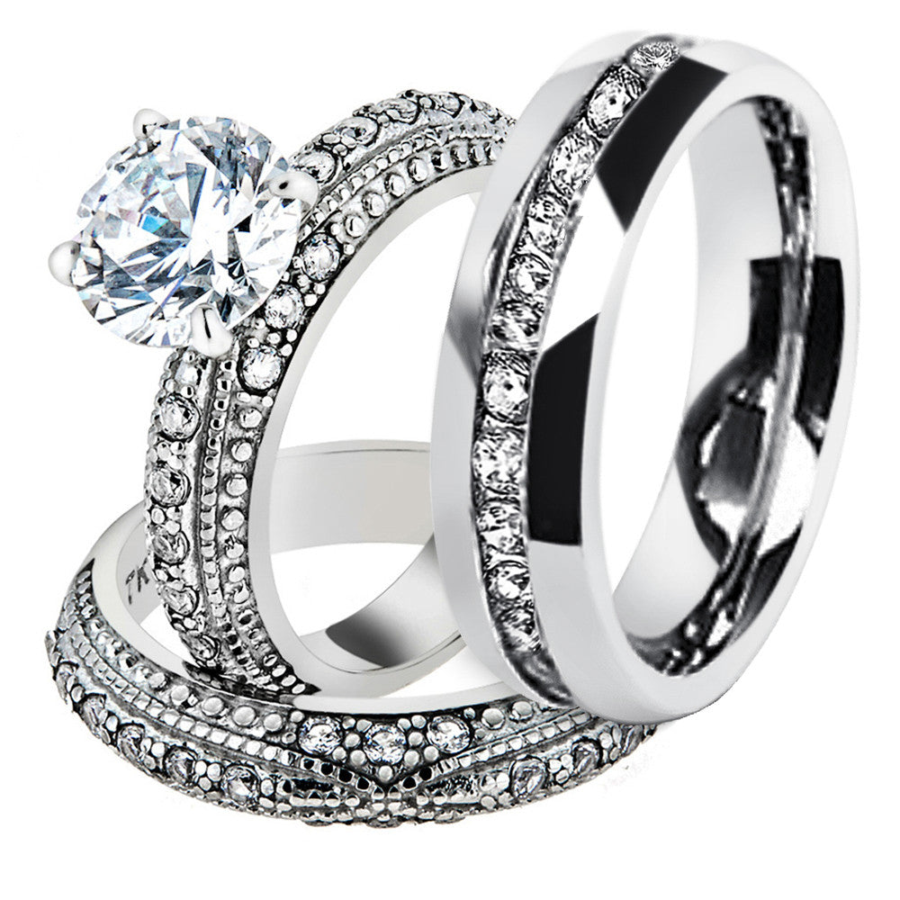 His & Hers 3 Pc Stainless Steel Vintage Bridal Ring Set & Eternity Wedding Band