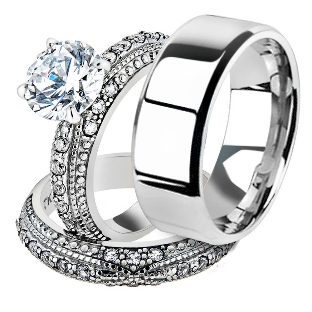 His & Hers Stainless Steel Vintage Bridal Ring Set & Beveled Edge Wedding Band