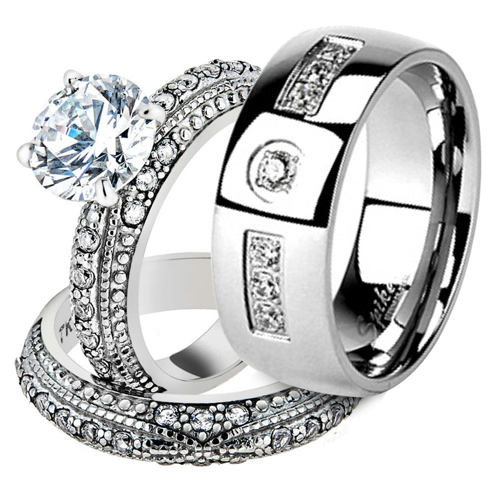 His & Her Stainless Steel 3.25 Ct Cz Bridal Ring Set & Men Zirconia Wedding Band