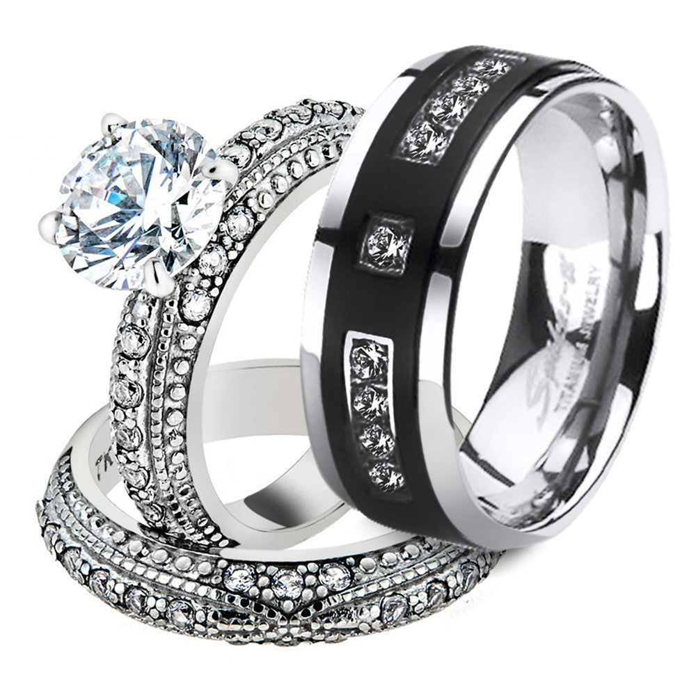 His & Hers Stainless Steel Vintage Bridal Ring Set & Mens Titanium Wedding Band