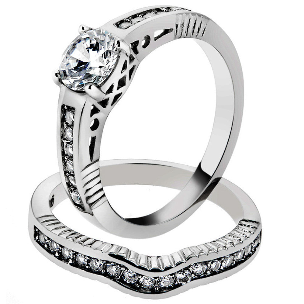 ST1231-ARM4587 His & Her Stainless Steel 1.75 Ct Cz Bridal Ring Set & Men Zirconia Wedding Band