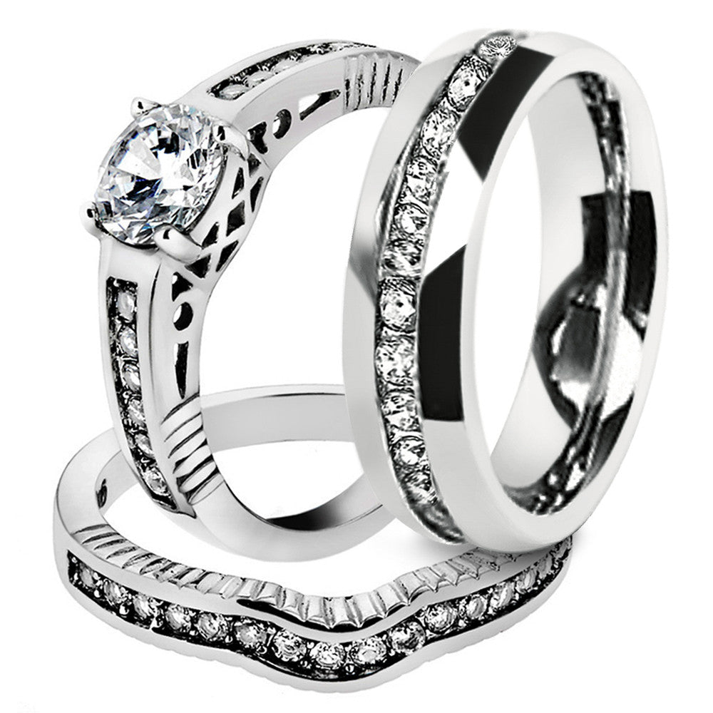 His & Hers 3 pc Stainless Steel Bridal Ring Set & Men's Eternity Wedding Band