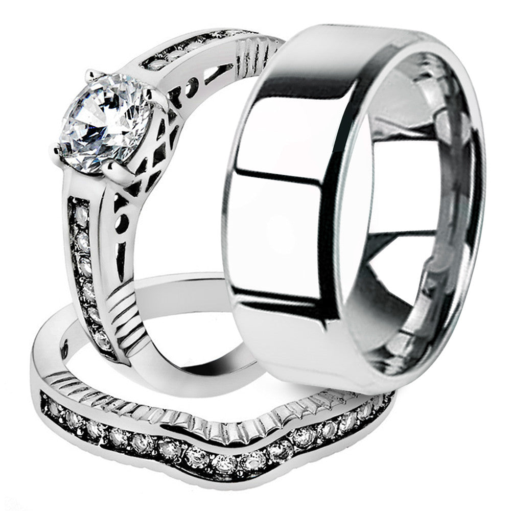 His & Hers 3pc Stainless Steel Bridal Ring Set & Men's Beveled Edge Wedding Band