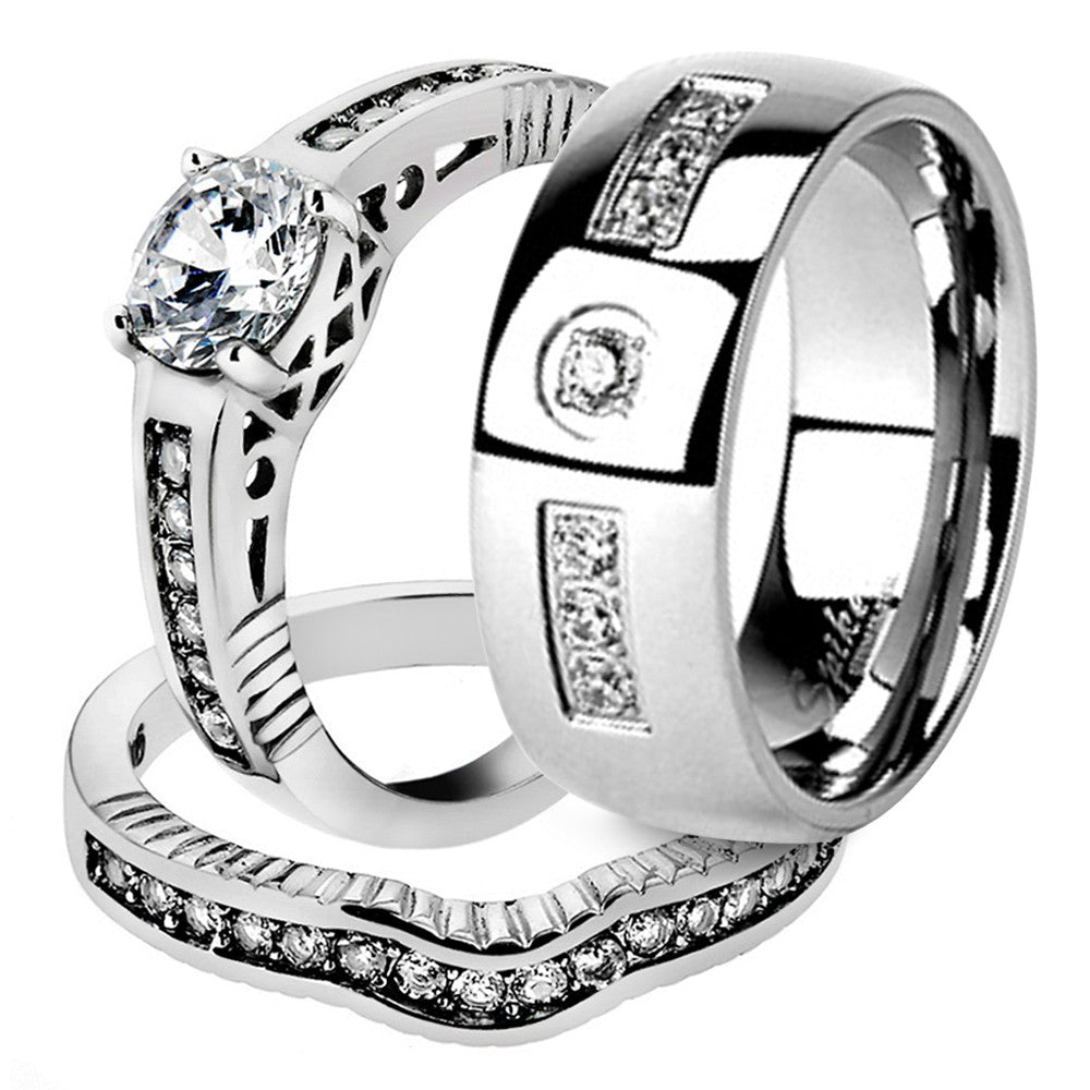 His & Her Stainless Steel 1.75 Ct Cz Bridal Ring Set & Men Zirconia Wedding Band