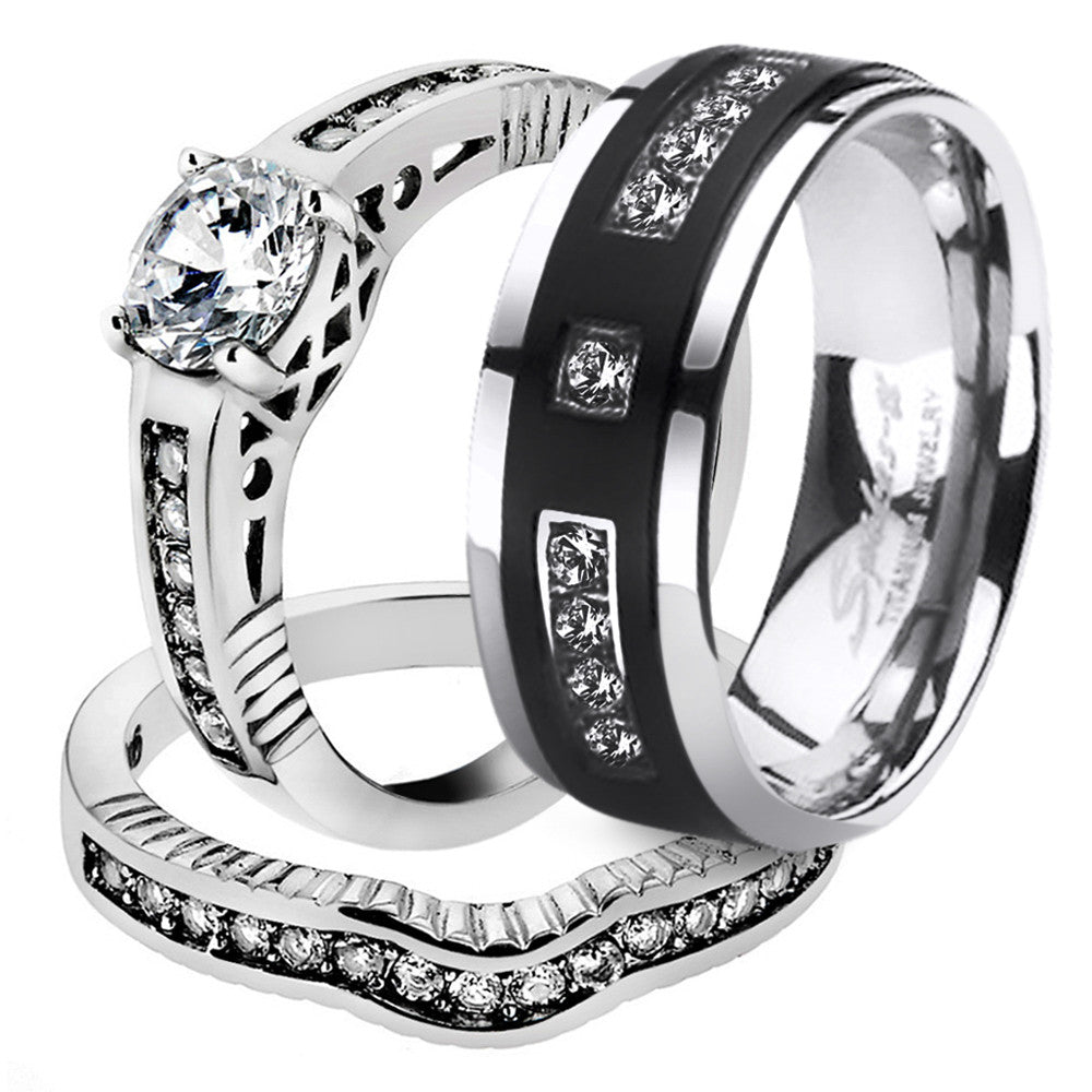 His & Her 3 Piece Stainless Steel Bridal Ring Set & Men's Titanium Wedding Band