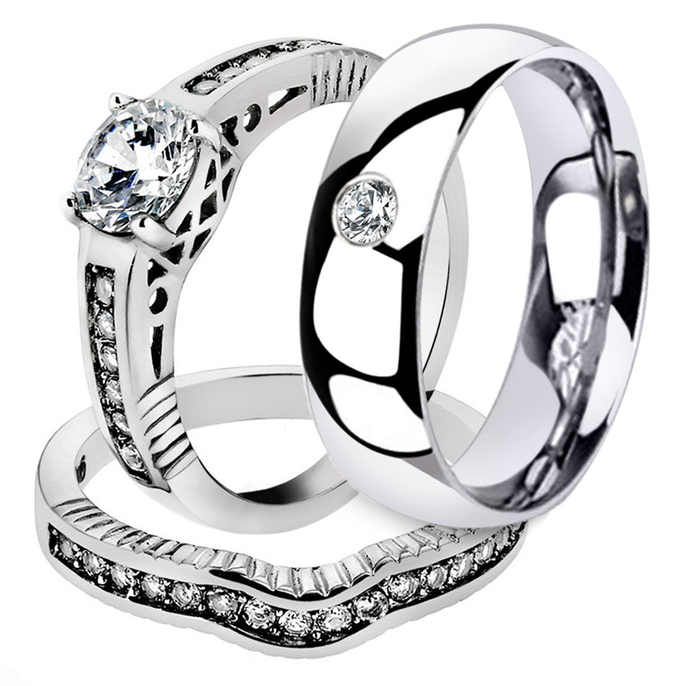 His & Her Stainless Steel Bridal Engagement Ring Set & Men Zirconia Wedding Band