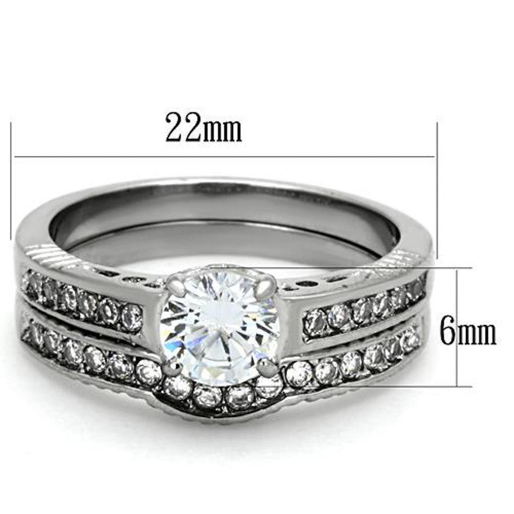 ST1231-ARM0006 His & Her 3pc Stainless Steel 1.75 Ct Cz Bridal Ring Set & Men Beveled Edge Band