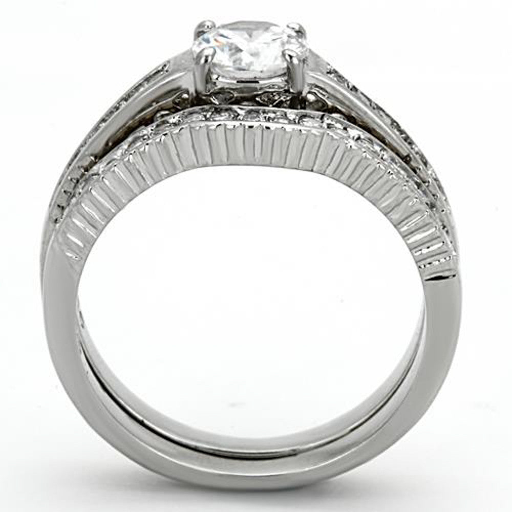 ST1231-ARM0006 His & Her 3pc Stainless Steel 1.75 Ct Cz Bridal Ring Set & Men Beveled Edge Band