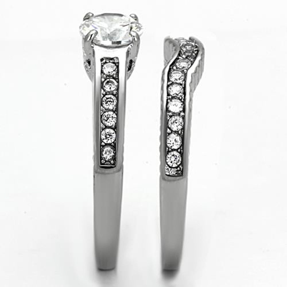 ST1231-ARM0006 His & Her 3pc Stainless Steel 1.75 Ct Cz Bridal Ring Set & Men Beveled Edge Band