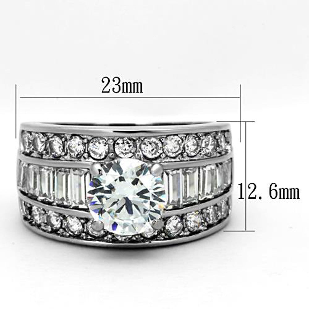 ARTK1232 Stainless Steel 4.85 Ct Round Cut Zirconia Wide Band Engagement Ring Sizes 5-10