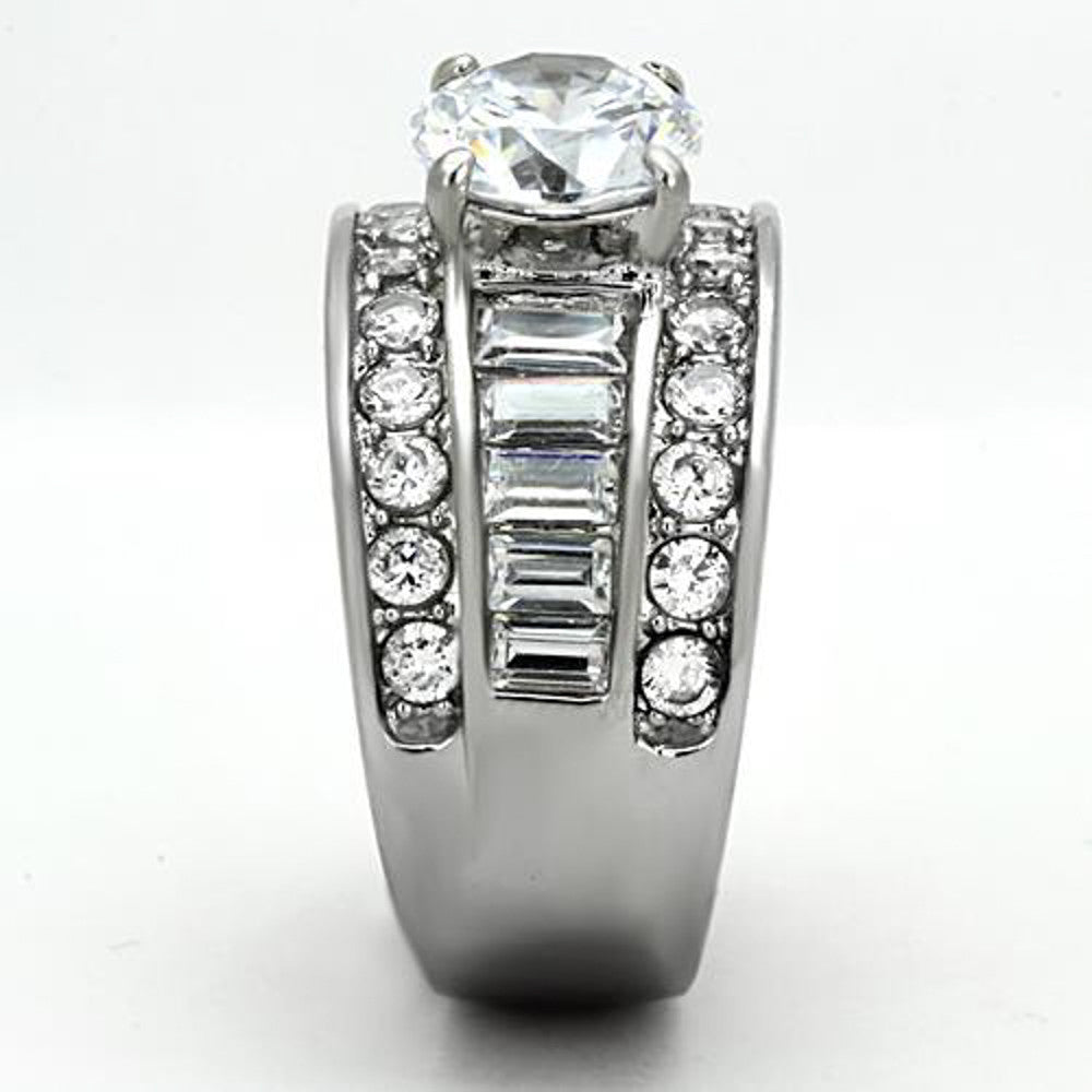 ARTK1232 Stainless Steel 4.85 Ct Round Cut Zirconia Wide Band Engagement Ring Sizes 5-10