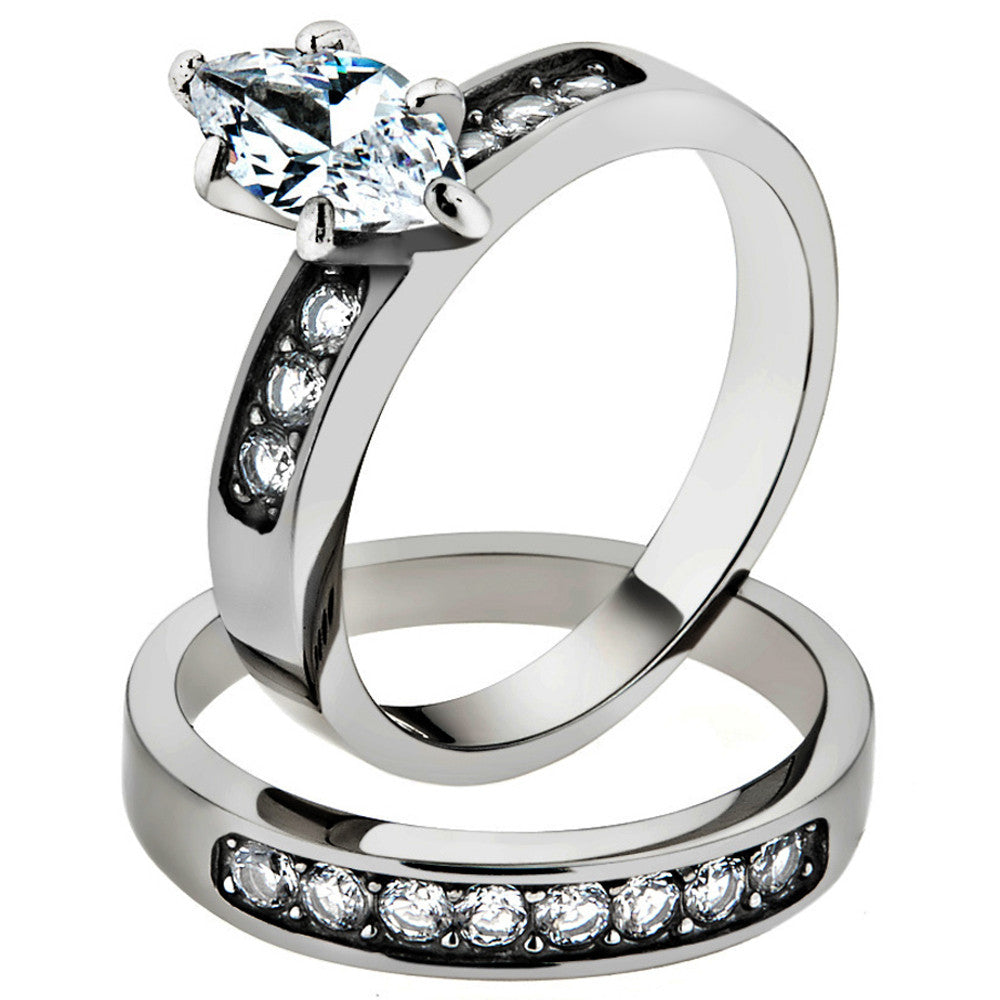 ST1319-ARM0006 His & Hers 3pc Marquise Stainless Steel Bridal Ring Set & Mens Beveled Edge Band