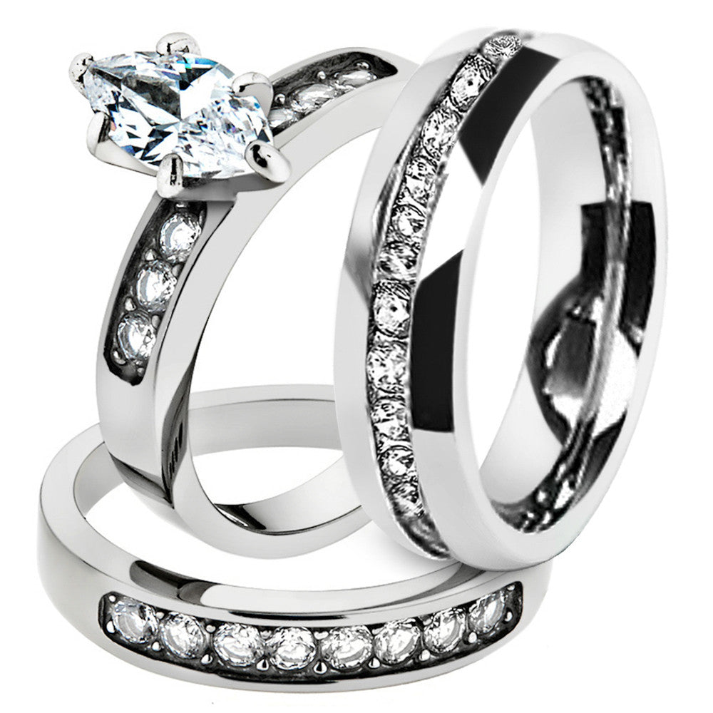 His & Hers Marquise Cz Stainless Steel Bridal Set & Men's Eternity Wedding Band