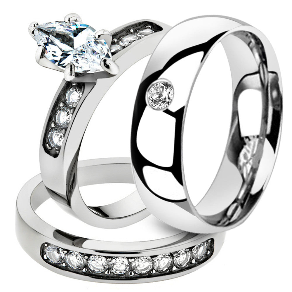 His & Her Marquise Cut Cz Stainless Steel Bridal Set & Men Zirconia Wedding Band