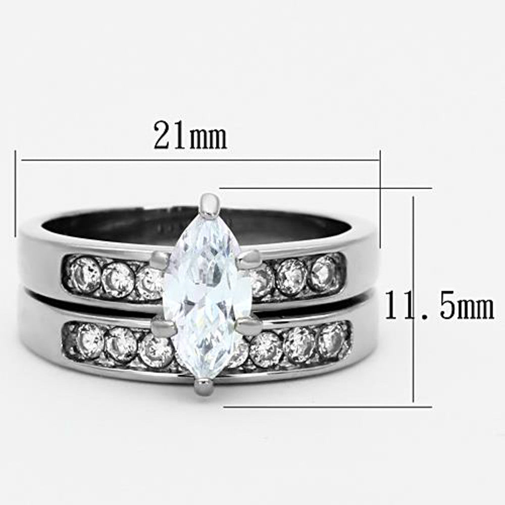 ST1319-ARM0006 His & Hers 3pc Marquise Stainless Steel Bridal Ring Set & Mens Beveled Edge Band