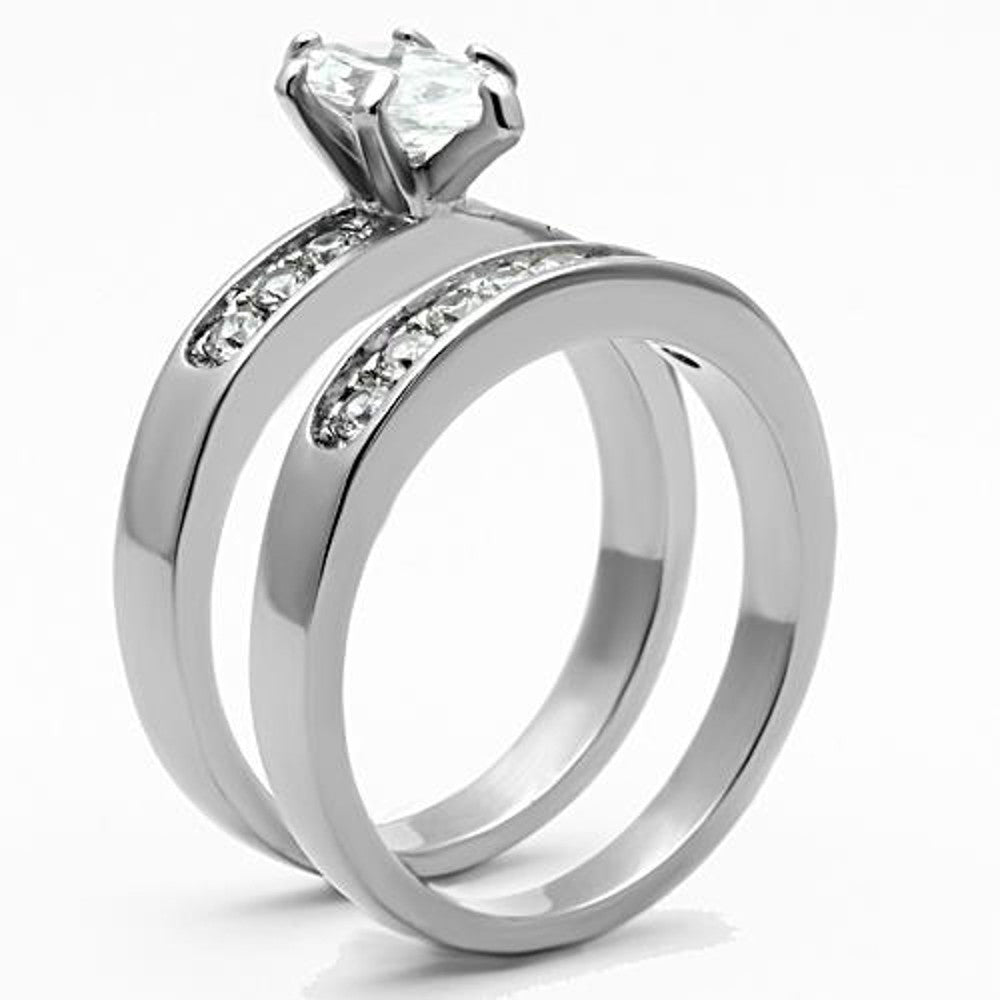 ST1319-AR001 His & Her 3pc Stainless Steel 1.65 Ct Cz Bridal Set & Men's Classic Wedding Band