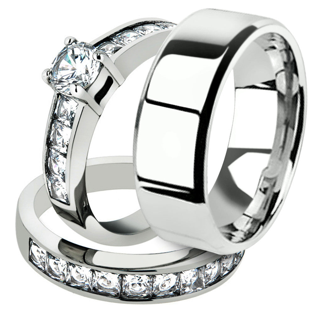 His & Hers Stainless Steel Engagement Bridal Ring Set & Mens Beveled Edge Band