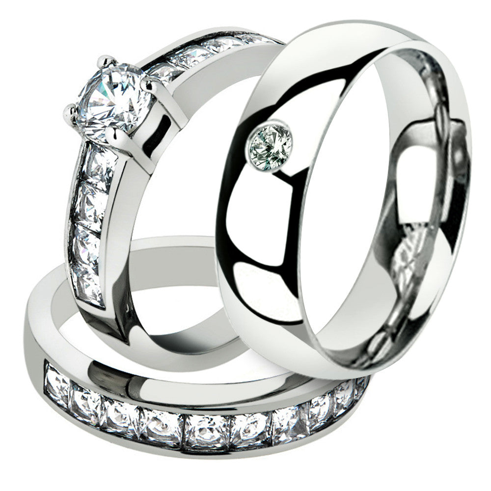 His & Hers Round Cut Cz Stainless Steel Engagemet Bridal Set & Mens Wedding Band