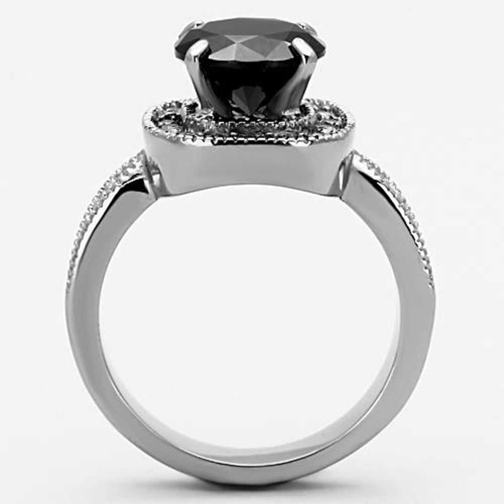 ARTK1322 Stainless Steel 3 Ct Round Cut Faux Black Diamond Halo Engagement Ring Size 5-10