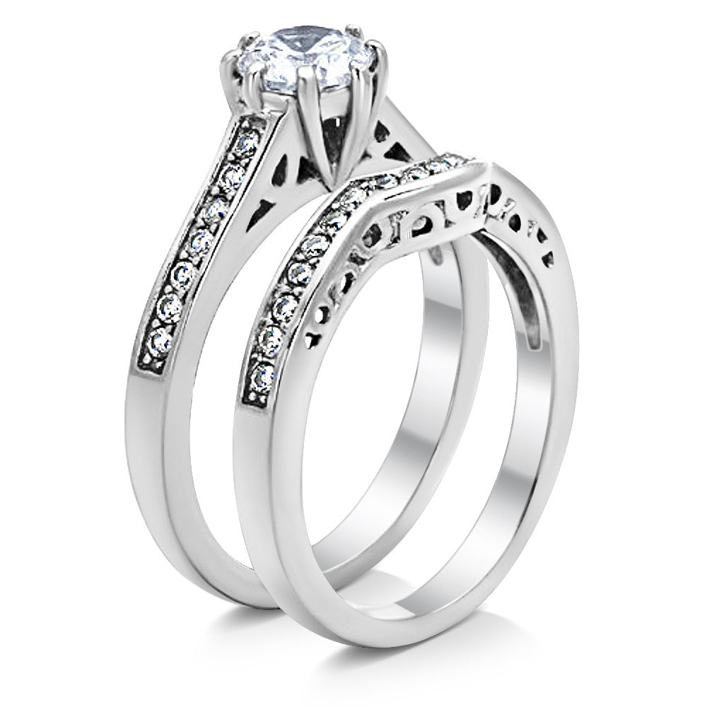 ST1330-ARCJSS485 His & Hers Stainless Steel 1.85 Ct Cz Bridal Set & Men's Eternity Wedding Band