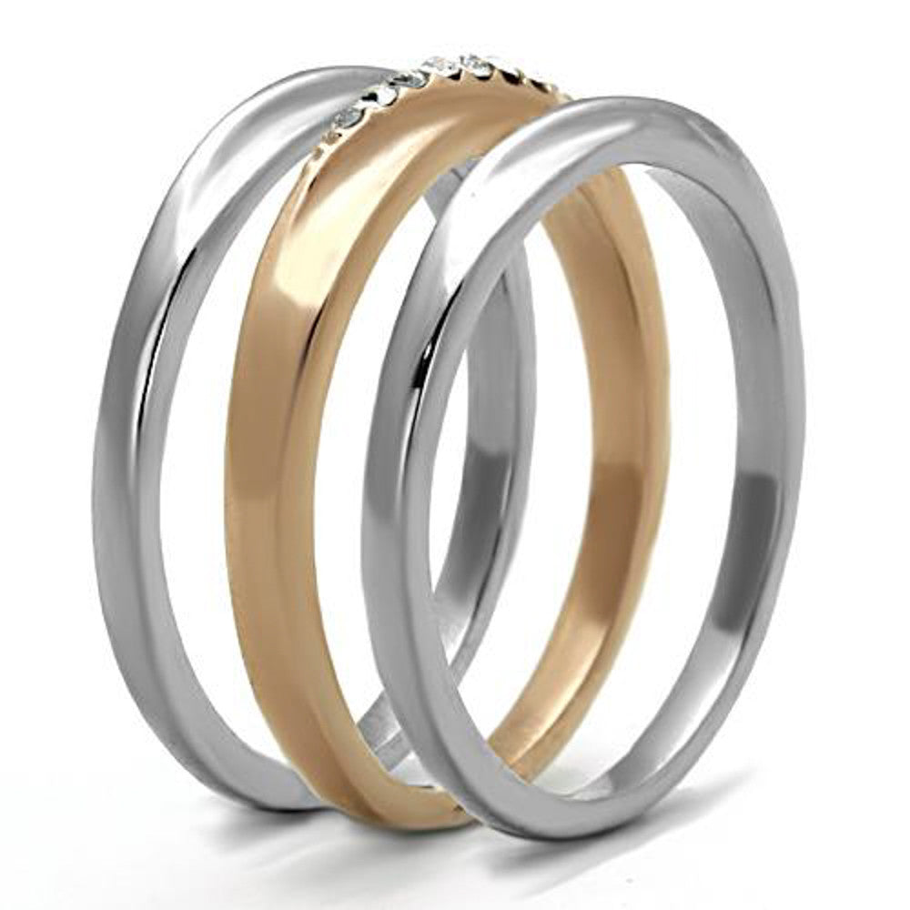 ARTK1340 Stainless Steel Rose Gold Plated 3 Piece Wedding Ring Set Women's Size 5-10