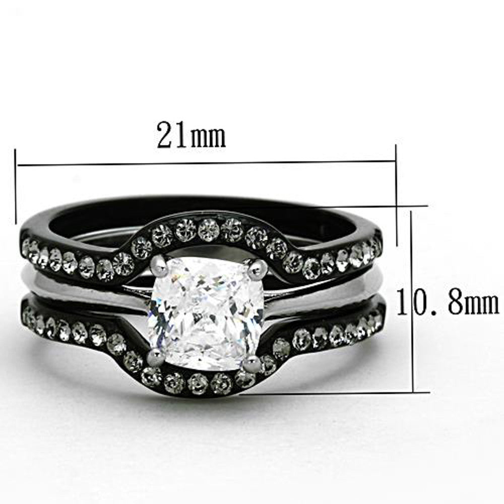 ARTK1343 Stainless Steel 1.85 Ct Cushion Cut CZ Black Wedding Ring Set Women's Size 5-10