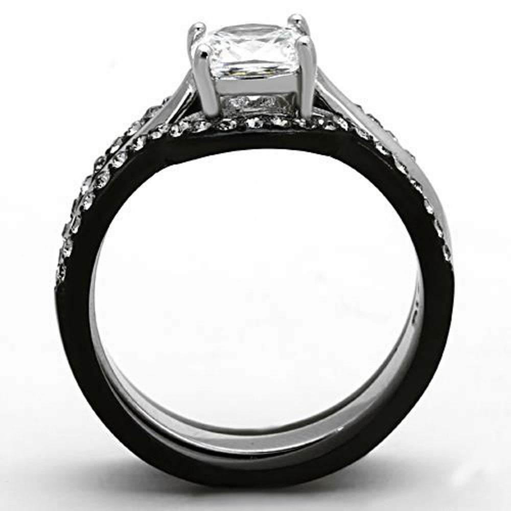 ARTK1343 Stainless Steel 1.85 Ct Cushion Cut CZ Black Wedding Ring Set Women's Size 5-10