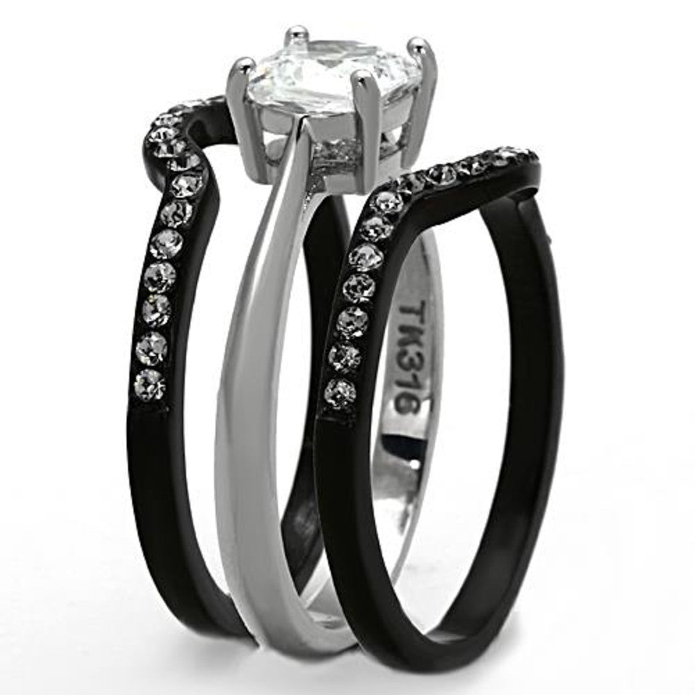 ARTK1343 Stainless Steel 1.85 Ct Cushion Cut CZ Black Wedding Ring Set Women's Size 5-10
