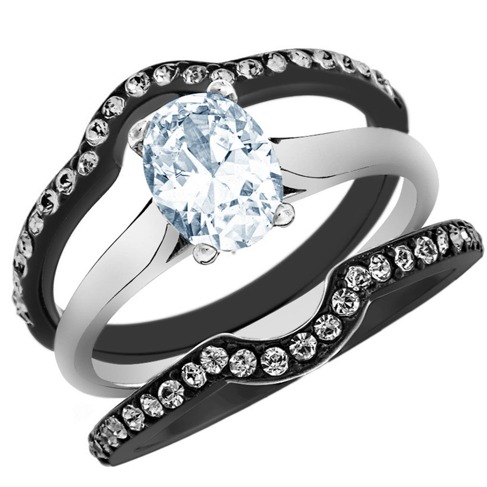 2.15 CT OVAL CUT CZ BLACK STAINLESS STEEL WEDDING RING SET WOMEN'S SIZE 5-10