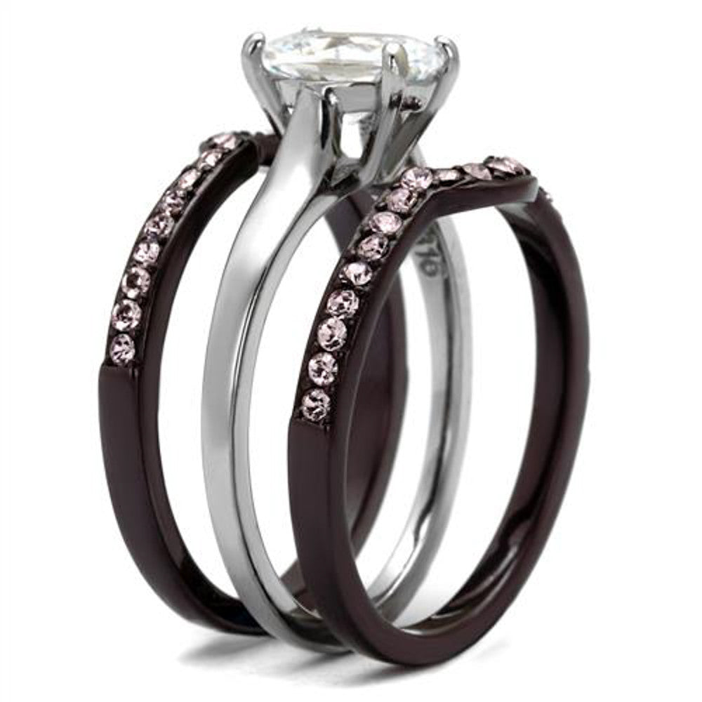 ARTK1344PC Brown IP Stainless Steel 2.15 Ct Oval Cut CZ Wedding Ring Set Women's Size 5-10