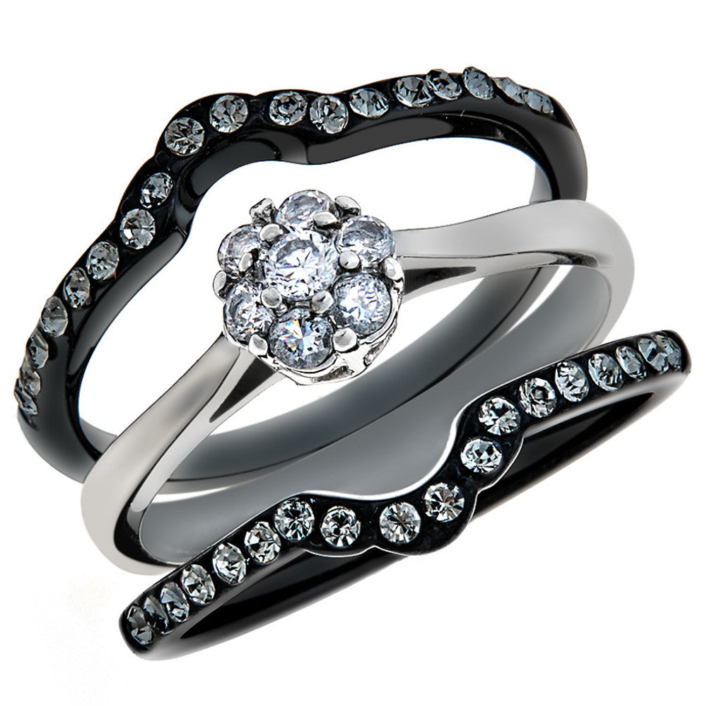 1.85 CT ROUND CUT CZ BLACK STAINLESS STEEL WEDDING RING SET WOMEN'S SIZE 5-10