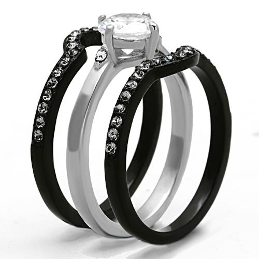 His & Her 4pc Black & Silver Stainless Steel & Titanium Wedding Ring Band Set