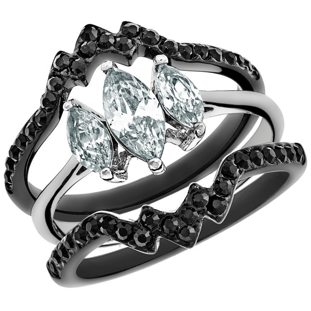 2.25 CT MARQUISE CUT CZ BLACK STAINLESS STEEL WEDDING RING SET WOMEN'S SIZE 5-10