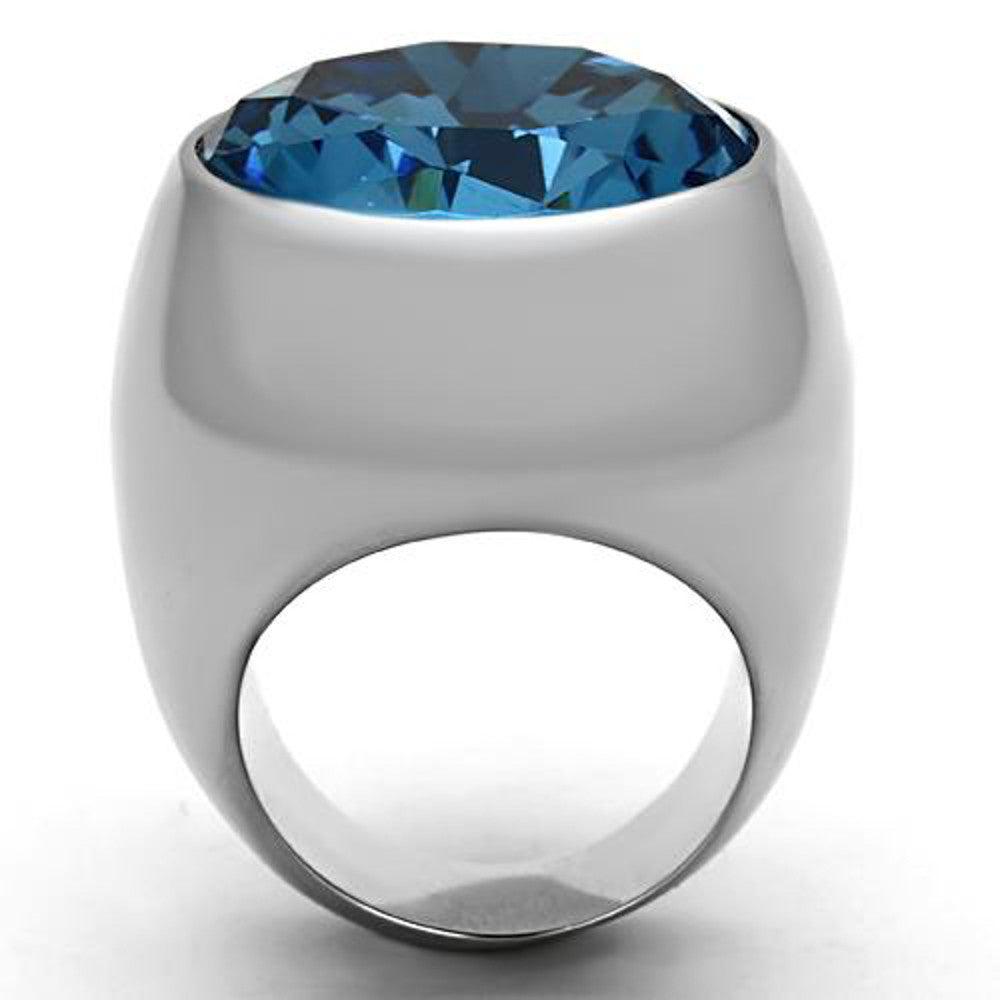 ARTK1367 Stainless Steel Round Cut Aquamarine Synthetic Glass Dome Ring Women's Size 5-10