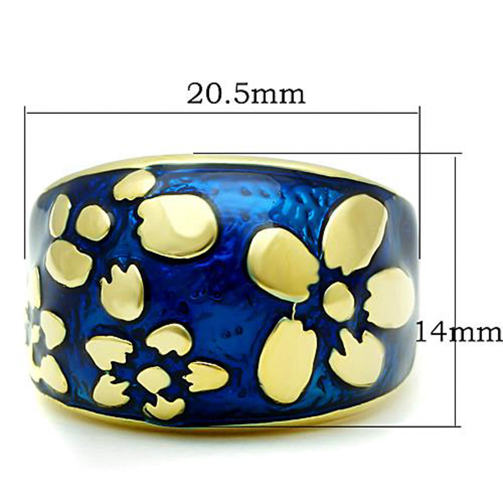 ARTK1399 Stainless Steel 14K Gold Plated & Capri Blue Epoxy Flower Fashion Ring Size 5-10