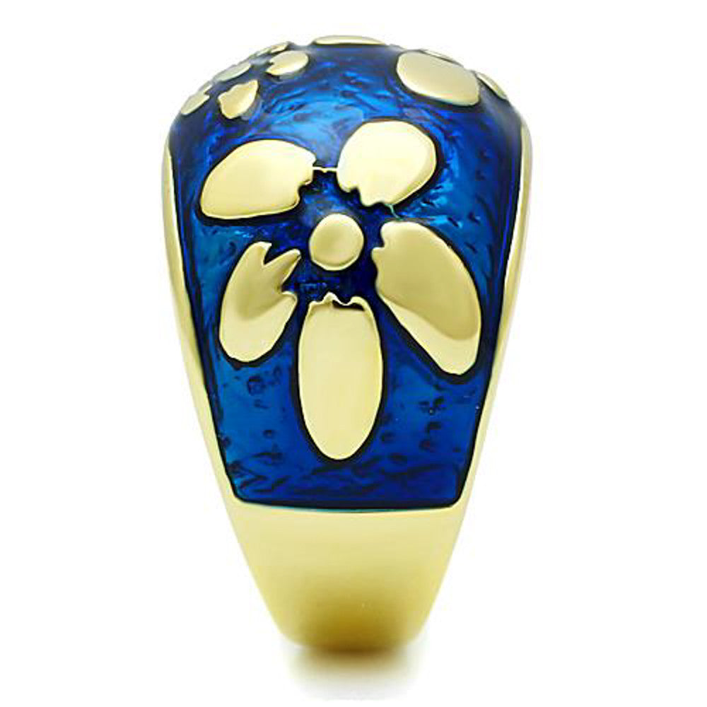 ARTK1399 Stainless Steel 14K Gold Plated & Capri Blue Epoxy Flower Fashion Ring Size 5-10