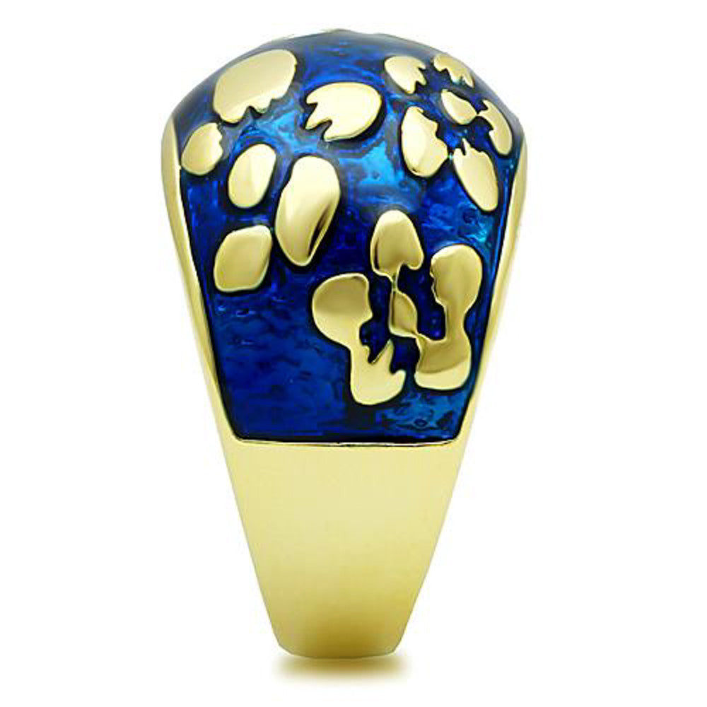 ARTK1399 Stainless Steel 14K Gold Plated & Capri Blue Epoxy Flower Fashion Ring Size 5-10