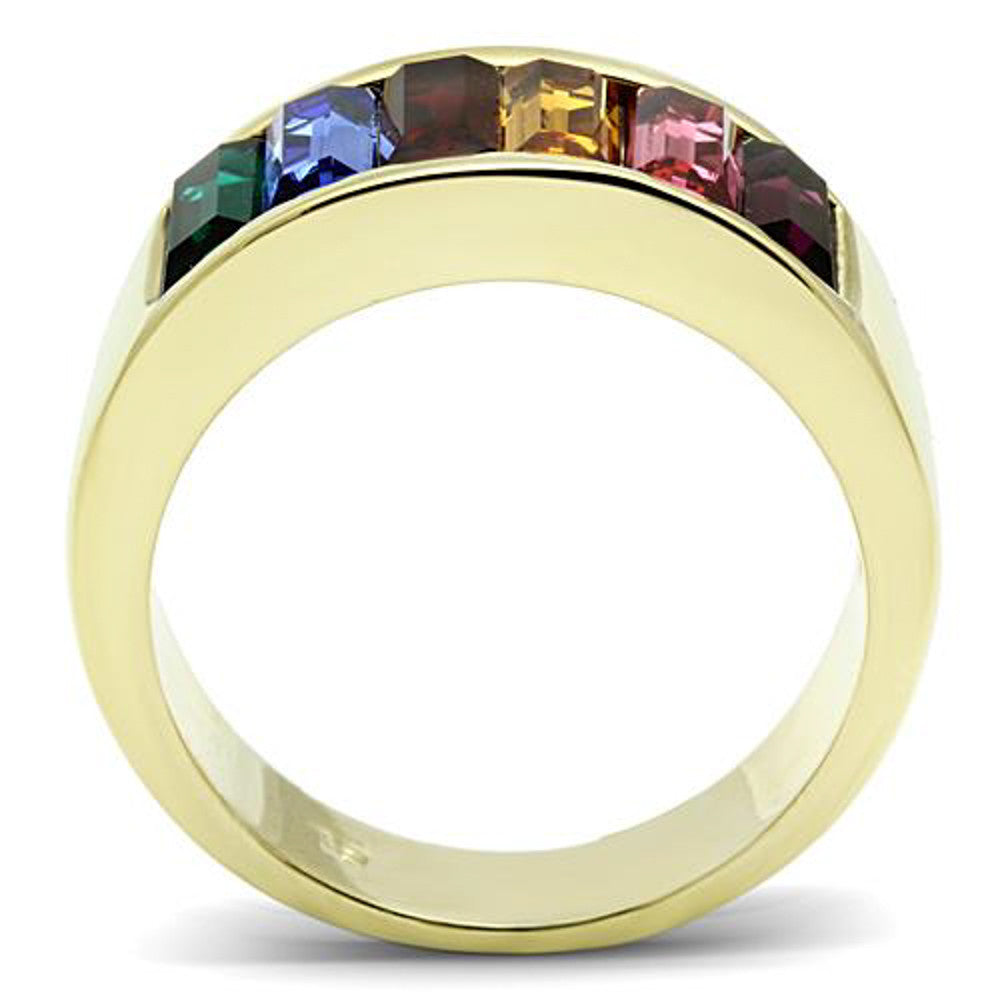 ARTK1415 Stainless Steel 14k Gold Ion Plated Baguette Rainbow Ring Women's Sizes 5-10