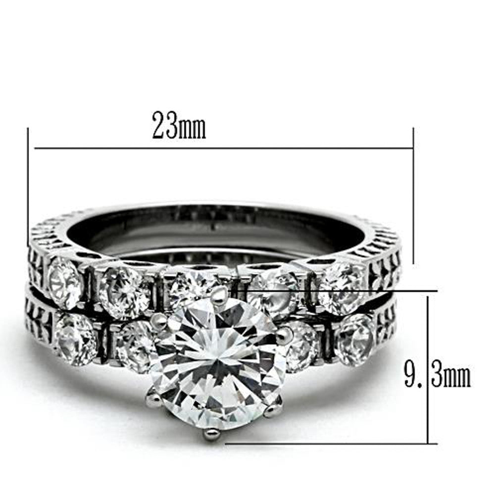 ST1450-ARM0006 His & Her 3pc Stainless Steel 3.10 Ct Cz Bridal Ring Set & Men Beveled Edge Band