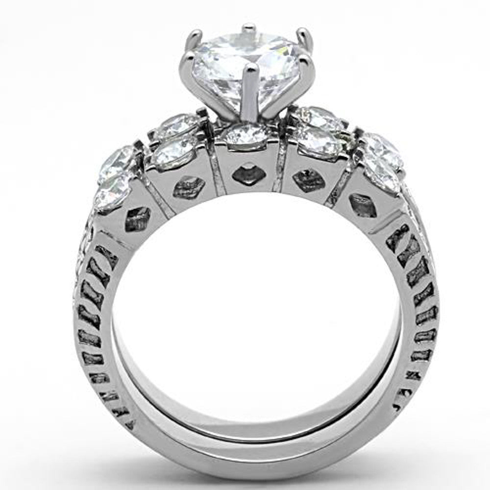 ST1450-ARM0006 His & Her 3pc Stainless Steel 3.10 Ct Cz Bridal Ring Set & Men Beveled Edge Band