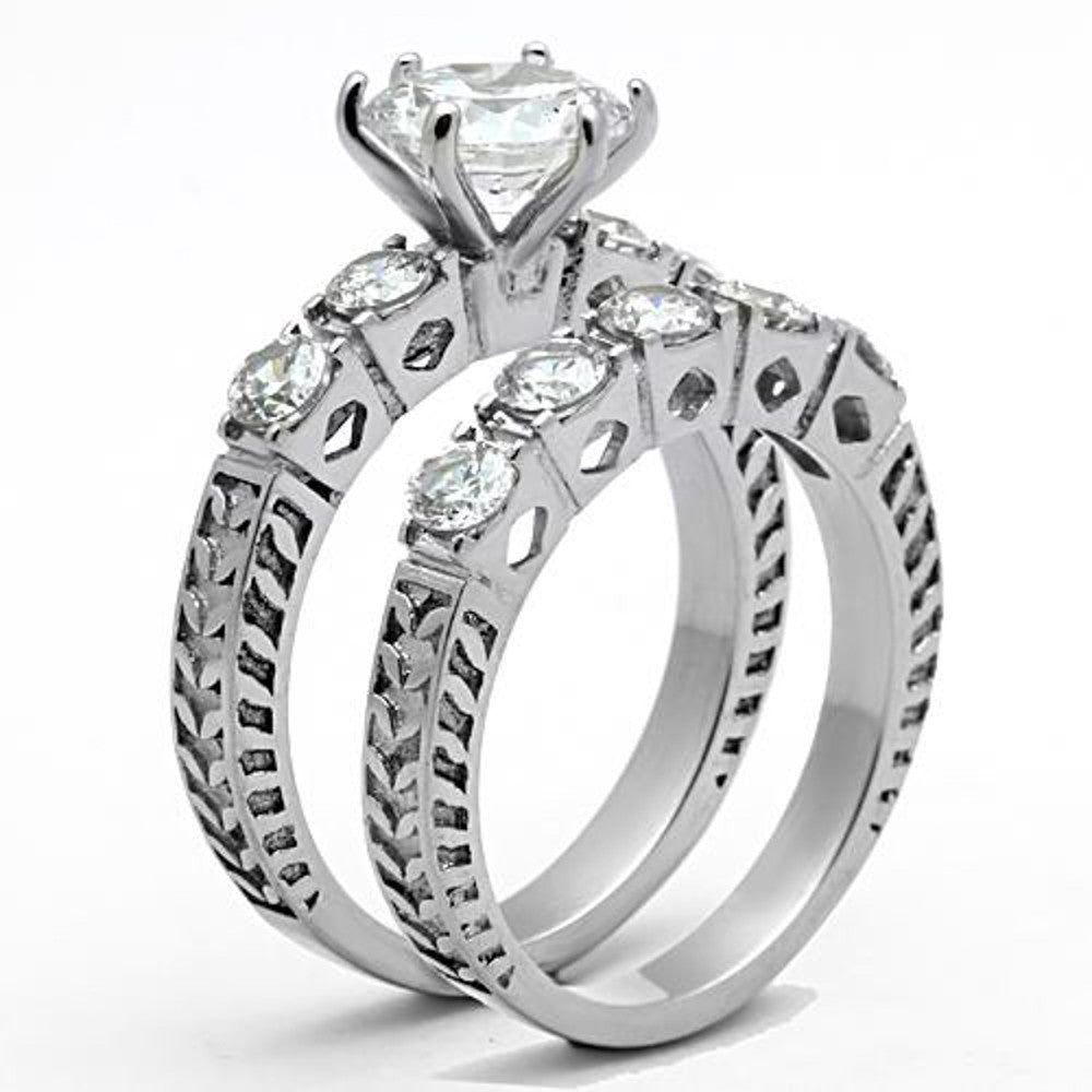 ST1450-ARM0006 His & Her 3pc Stainless Steel 3.10 Ct Cz Bridal Ring Set & Men Beveled Edge Band