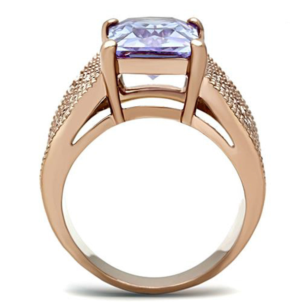 ARTK1490 Stainless Steel Womens Light Amethyst Emerald Cut CZ Rose Gold Plated Ring 5-10