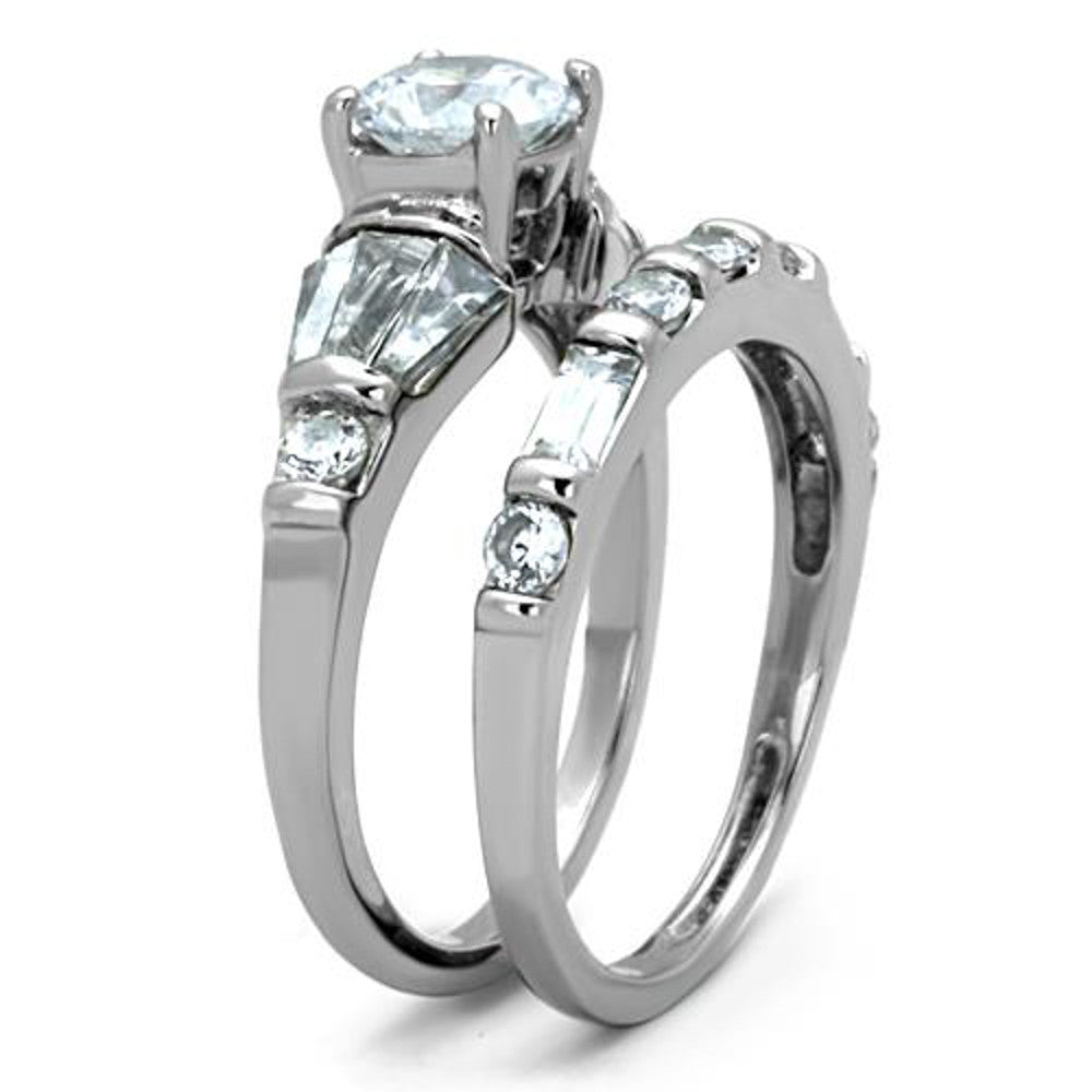 ARTK1535 Stainless Steel 2.50 Ct Round Cubic Zirconia Engagement Wedding Ring Set Sz 5-10