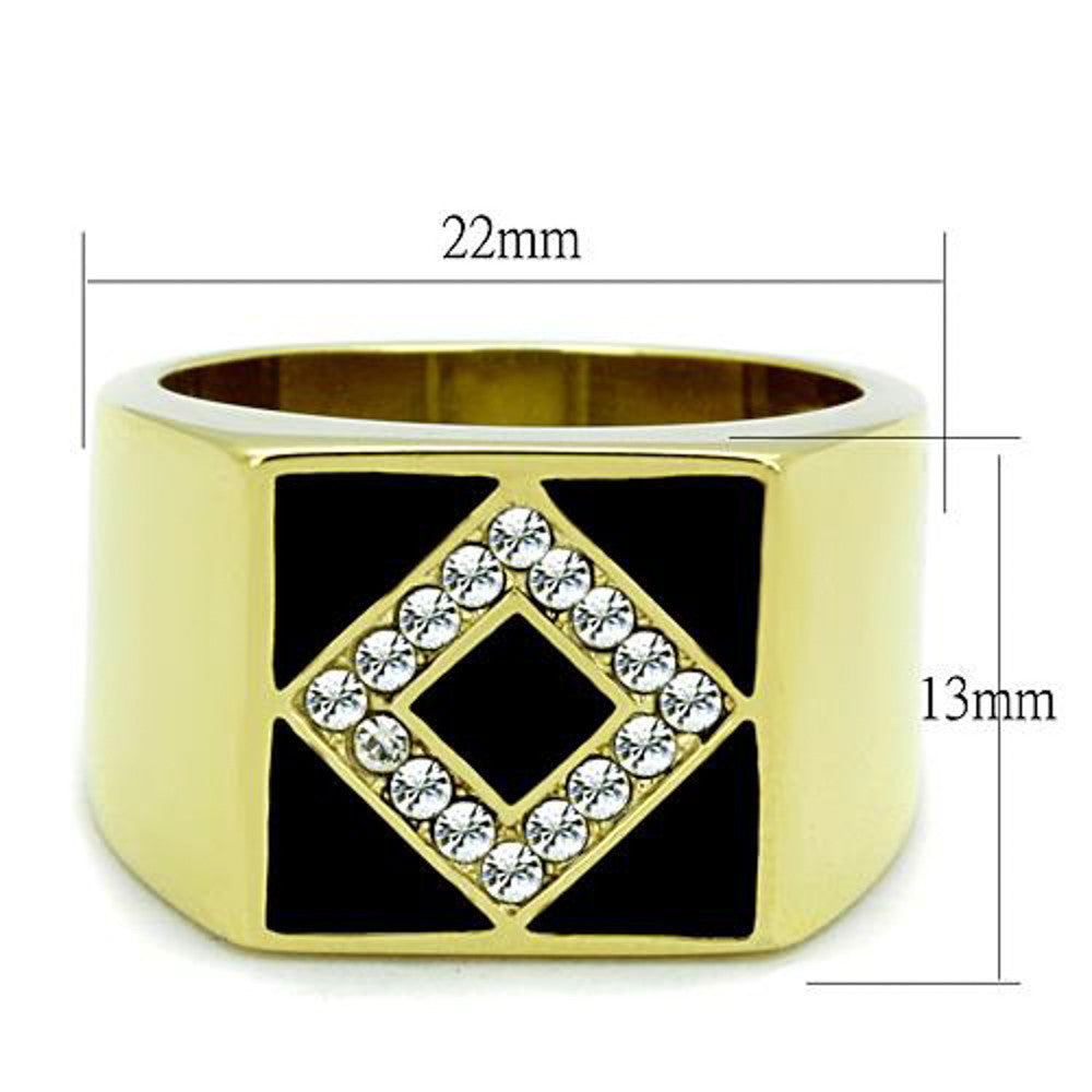 ARTK1613 Men's Stainless Steel Gold Plated & Black Epoxy, Simulated Diamond Ring Sz 8-13