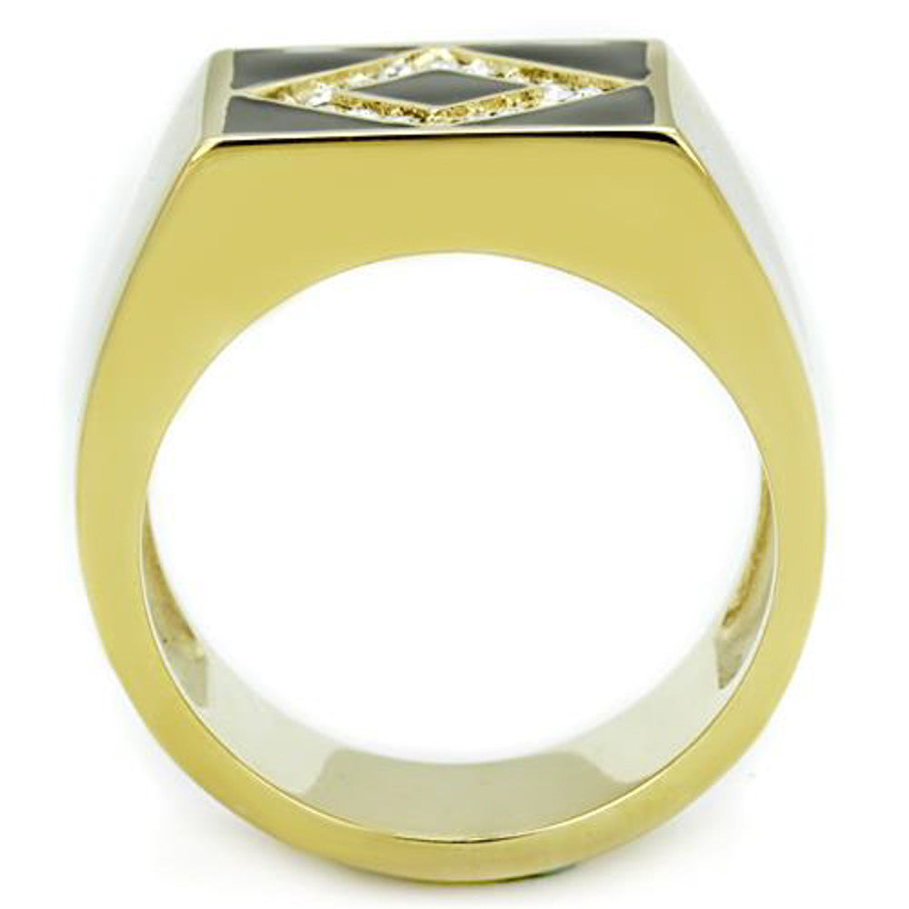 ARTK1613 Men's Stainless Steel Gold Plated & Black Epoxy, Simulated Diamond Ring Sz 8-13