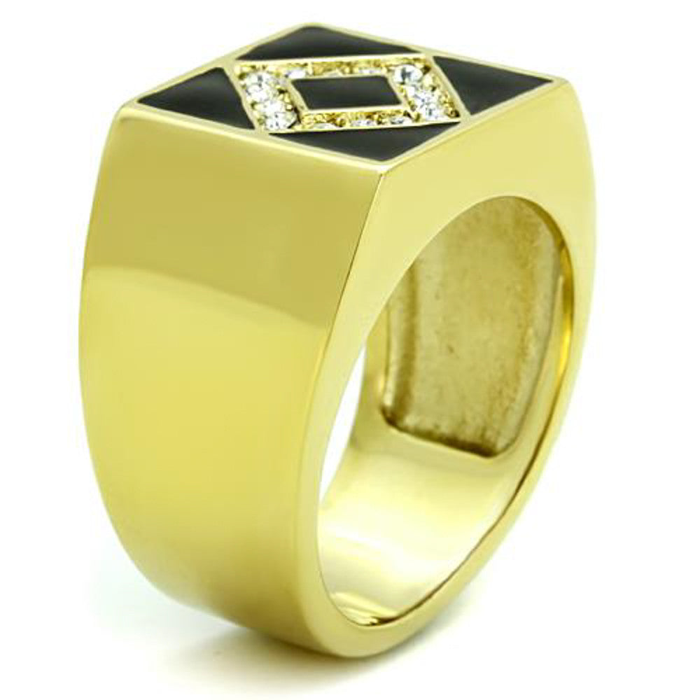 ARTK1613 Men's Stainless Steel Gold Plated & Black Epoxy, Simulated Diamond Ring Sz 8-13