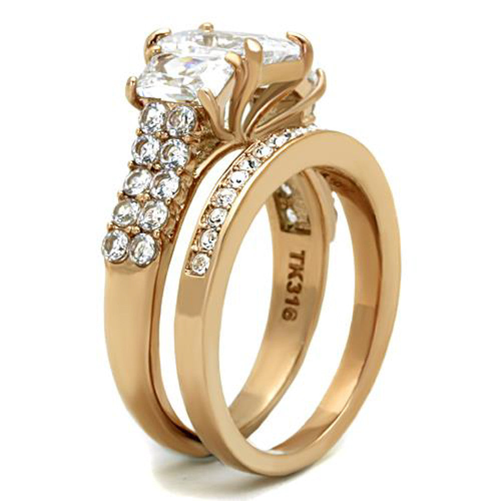 4.50 Ct Emerald Cut Cz Rose Gold IP Wedding Engagement Ring Set Women's Sz 5-10