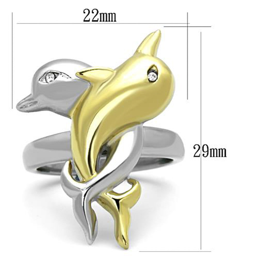 ARTK1698 Stainless Steel 316L Two Toned Dolphin Crystal Fashion Ring Women's Size 5-10